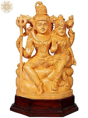 16" Lord Shiva With Paravathi Seated On Throne | Wooden Statue