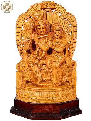 13" Lord Krishna With Radha Seated On Throne | Wooden Statue