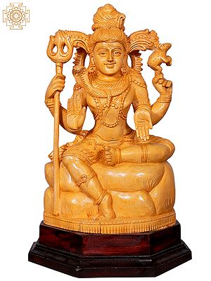 16" Lord Shiva Idol with Trishul Seated on Throne | Wooden Statue