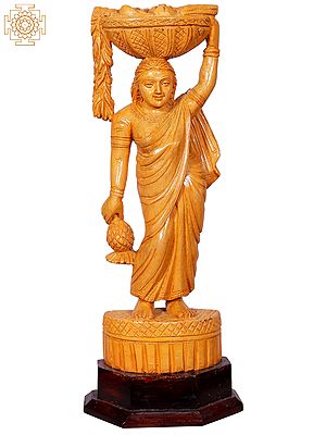 13" White Wood Lady Standing With Basket | White Wood Statue