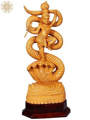 16" Bal Krishna Dancing On Sheshnag | Wooden Statue