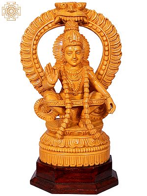 14" Lord Ayappa Seated On Pedestal | Wooden Statue