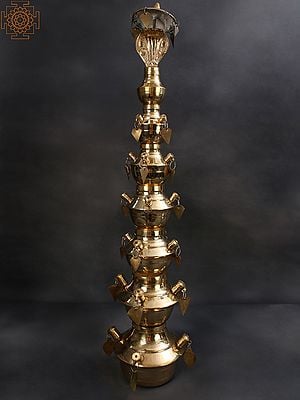 35" Large Superfine South Indian Lamp With Serpant On Top | Bronze
