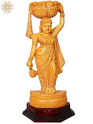 13" A Lady Standing With Basket | Wooden Statue