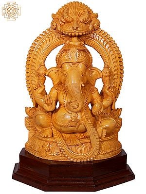 14" Kirtimukha Lord Ganpati Seated on Pedestal | Wooden Statue