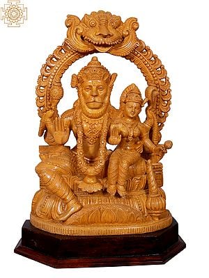 20" Lord Narasimha With Lakshmi Seated On Pedestal | Wooden Statue