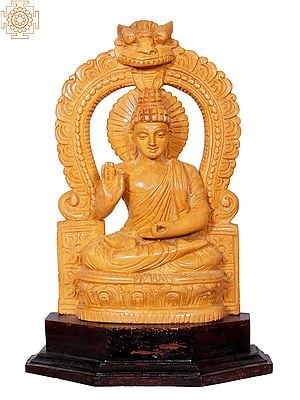 9" Wooden Sitting Lord Buddha with Kirtimukha Prabhavali