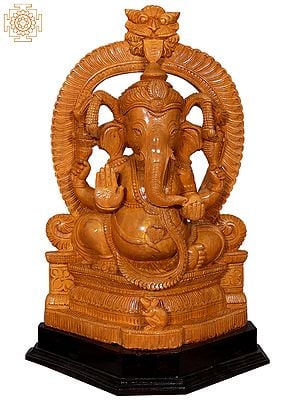 18" Wooden Sitting Lord Ganesha with Kirtimukha Prabhavali