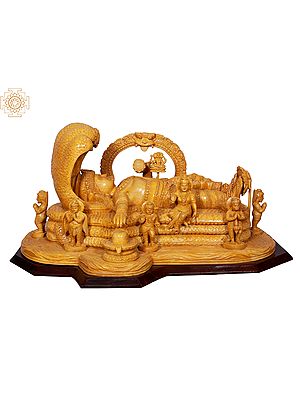 27" Wooden Shri Padmanabha Swamy with Lakshmi, Shivalinga, Garuda, Shiva, Hanuman and Kirtimukha