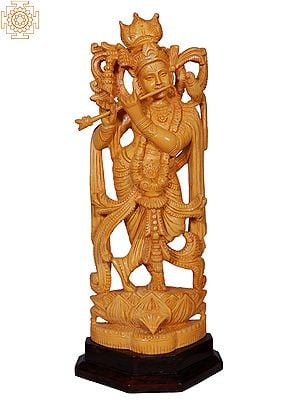 18'' Hindu God Krishna (Dwarkadheesh) Playing Flute | Wooden Statue