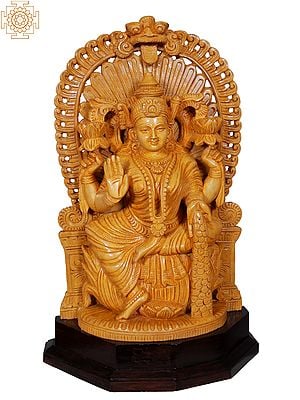 16'' Goddess Lakshmi Seated On Yali Throne | Wooden Statue