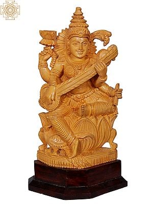 11'' Saraswati Idol Seated Playing Sitar | Wooden Statue