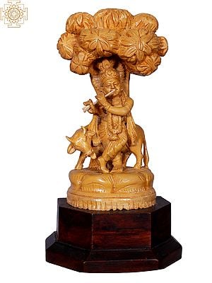 Lord Krishna Wooden Statue in Tribhanga Pose with a Cow