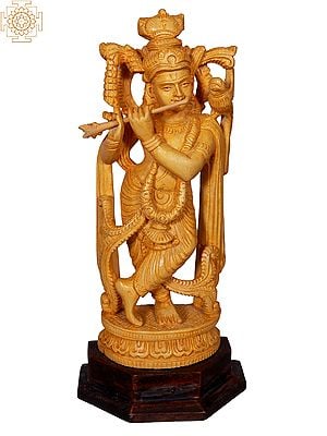 God Krishna Play Flute | Wooden Statue