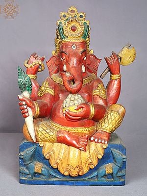 13" Colorful Wooden Statue of Lord Ganesha from Nepal