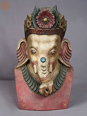 10" Colorful Lord Ganesha Head Wooden Statue from Nepal