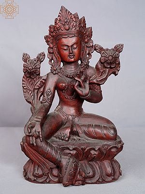 12" Goddess Green Tara Seated On Pedestal From Nepal