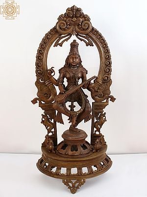 36" Large Copper Goddess Saraswati Playing Sitar |