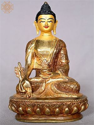 6" Tibetan Buddhist Deity Gold Medicine Buddha Seated on Pedestal