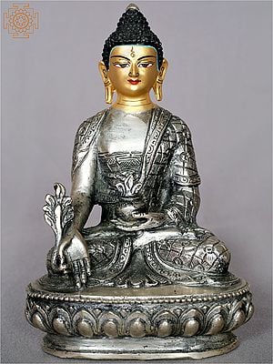 6" Silver Medicine Buddha Seated On Pedestal