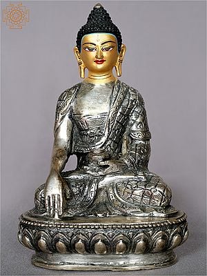 6" Silver Shakyamuni Buddha Seated On Pedestal