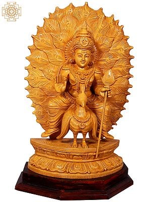 22" Lord Kartikeya (Murugan) On Peacock | Wooden Statue