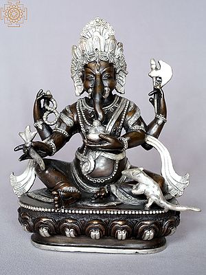 9" Four Armed Sitting Lord Ganesha with Rat from Nepal