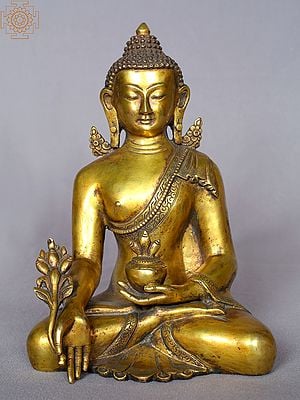 8" Medicine Buddha Idol from Nepal | Copper Statue with Gold Plated