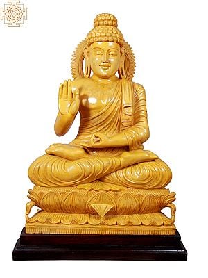 30" Lord Buddha Wooden Statue Seated on Pedestal