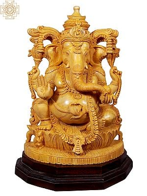 26" Ornamented Ganesha Seated on Pedestal | Wooden Statue