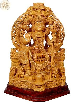 24" Kirtimukha Lord Shiva With Trishul Seated On Throne | Wooden Statue