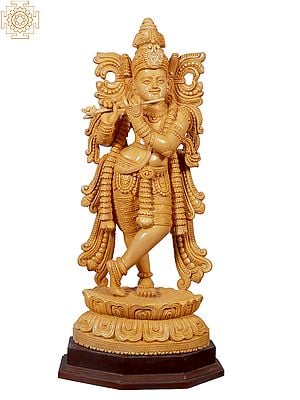 24" Lord Krishna With Flute Standing On Pedestal | Wooden Statue