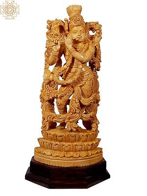 26" Ornamented Standing Krishna Idol with Flute | Wooden Statue