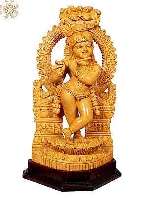20" Bal Krishna With Flute Standing On Pedestal | Wooden Statue
