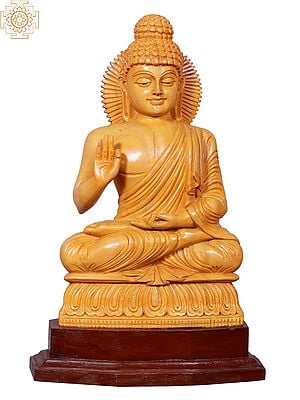 12" Buddhist Deity Gautam Buddha Wooden Statue Seated on Pedestal