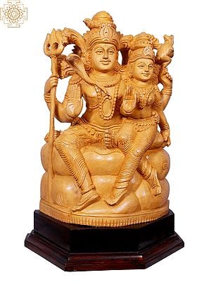 16" Lord Shiva with Parvati Wooden Statue Seated on Pedestal