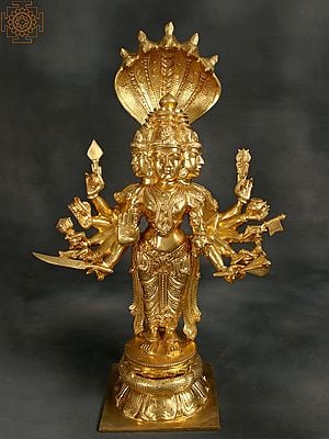 34" Superfine Shanmuga Murugan With Multiple Hands Standing On Pedestal In Brass | Handmade | Made In India