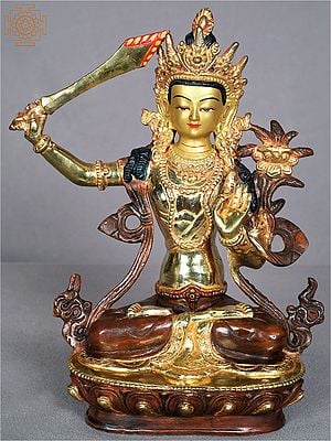 9'' Copper Buddhist Deity Manjushri Statue with Sword | Nepalese Handicrafts