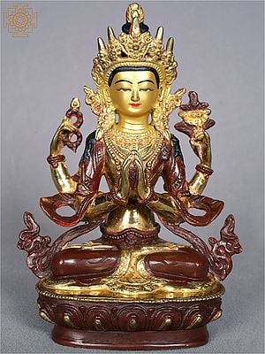9'' Buddhist Chenrezig Seated Copper Figurine | Nepalese Handicrafts