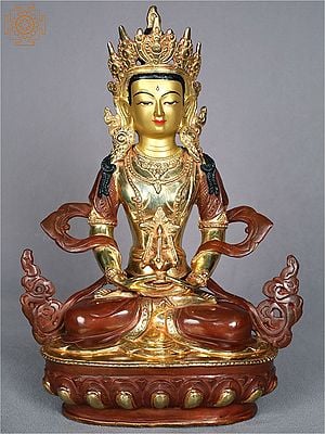 13" Tibetan Buddhist Aparamita Buddha Idol from Nepal | Copper Gilded with Gold