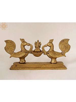 7" Peacocks Design Lamp with Ganesha in Brass