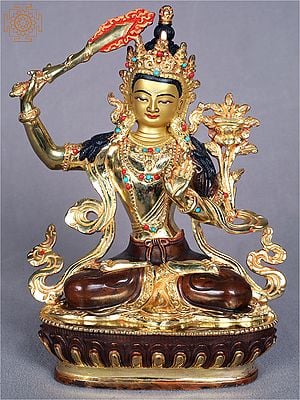 9" Tibetan Buddhist Deity Manjushri with Sword | Copper Idol from Nepal