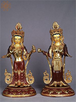 14" Pair of Tibetan Buddhist Deities Idol | Khando Yeshe Tsogyal & Mandarva