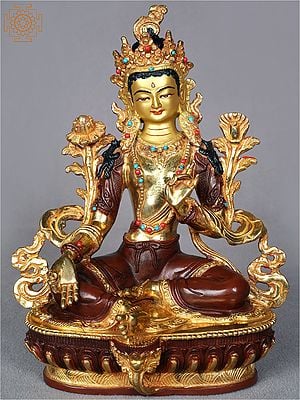 8" Goddess Green Tara Idol from Nepal | Copper Gilded with Gold