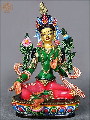 5" Colorful Goddess Green Tara Idol from Nepal | Nepalese Copper Statue