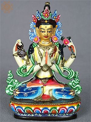 5" Colorful Chenrezig (Avalokiteshvara) Copper Idol from Nepal