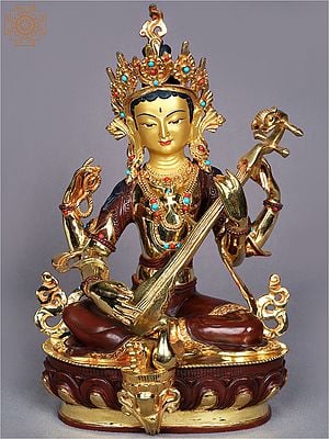 13" Goddess Saraswati Idol from Nepal | Copper Statue Gilded with Gold