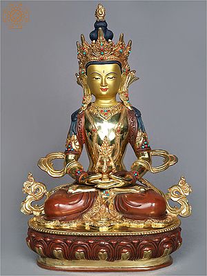 15" Amitabha Buddha Idol from Nepal | Copper Gilded with Gold