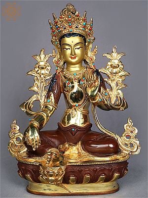 13" Goddess Green Tara Copper Statue from Nepal | Nepalese Gilded Copper Idol