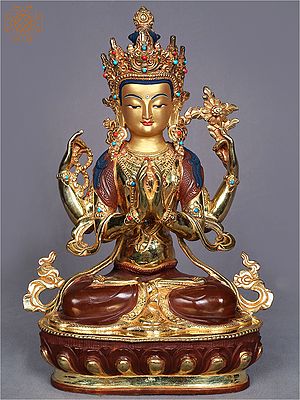 13" Four Armed Avalokiteshvara Copper Figurine from Nepal